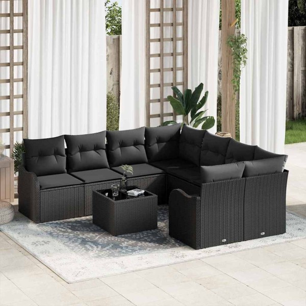 Garden sofa set with pillow 9 pcs Black polyrattan