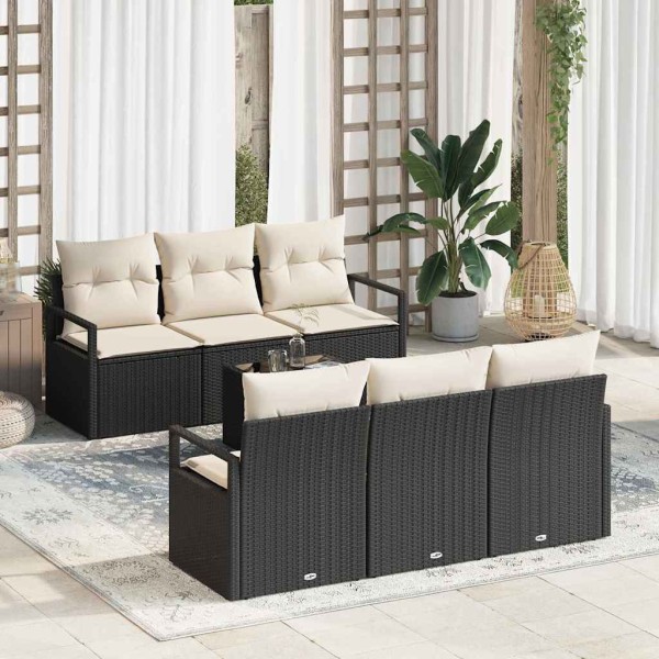 Sofa set with pillow 7 pcs Black and cream polyrattan