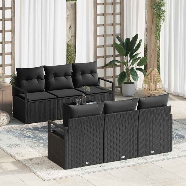 Sofa set with pillow 7 pcs Black polyrattan