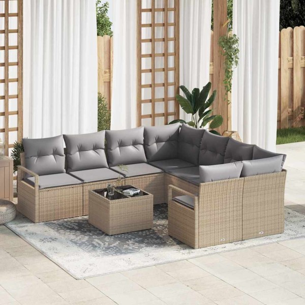 Sofa set with pillow 9 pcs Beige and gray polyrattan