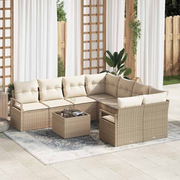 Sofa set with pillow 9 pcs Beige and cream polyrattan