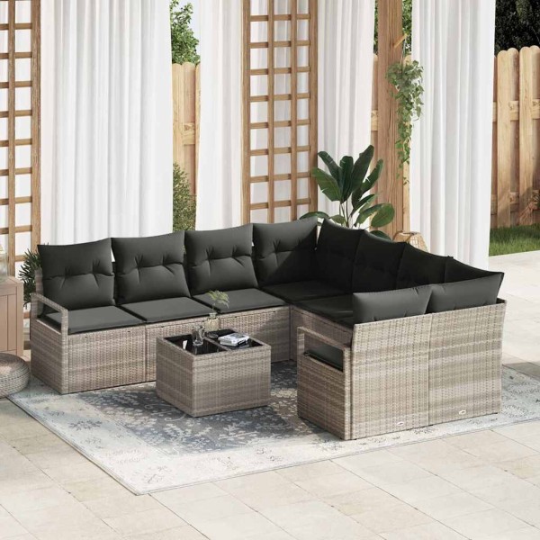 Sofa set 9 pcs Light gray and black polyrattan