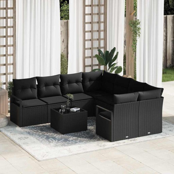 Sofa set with pillow 9 pcs Black polyrattan