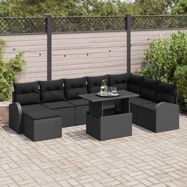 Garden sofa set with pillow 9 pcs Black