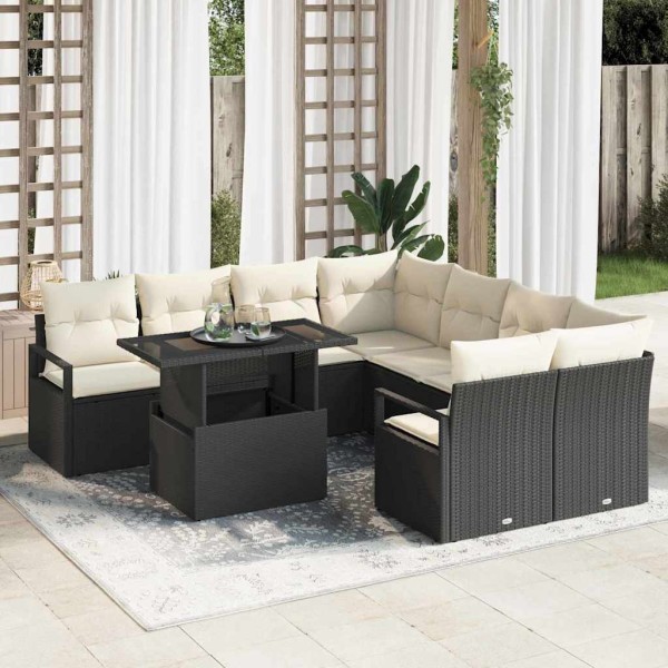 Garden Sofa Set 9 pcs Black and cream polyrattan