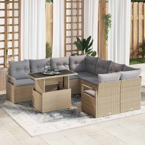 Garden Sofa Set 9 pcs Beige and light gray polyrattan
