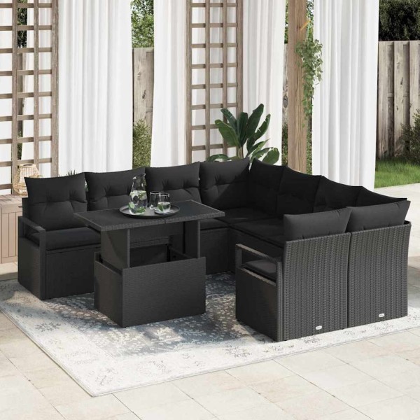 Garden sofa set with pillow 9 pcs Black polyrattan