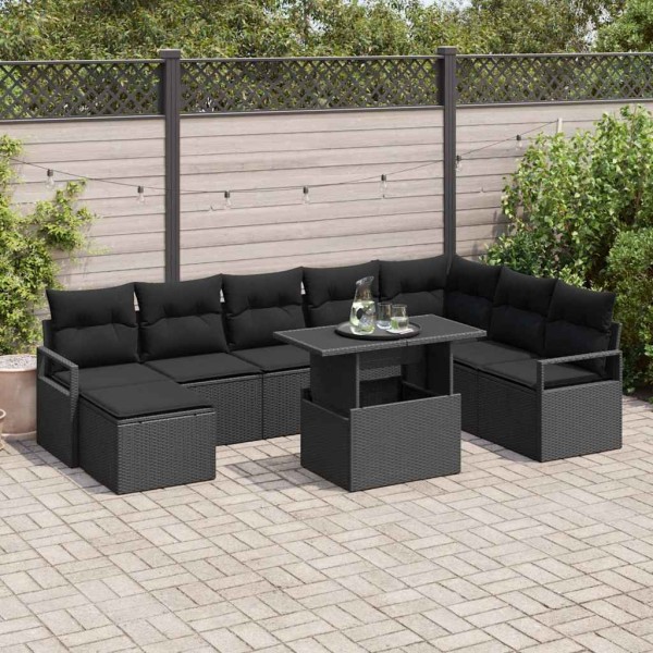 Sodo Sofų Rinkinys su pagalve 9 pcs Juoda