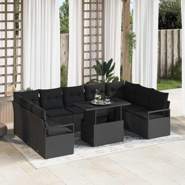 Garden sofa set with pillow 10 pcs Black polyrattan