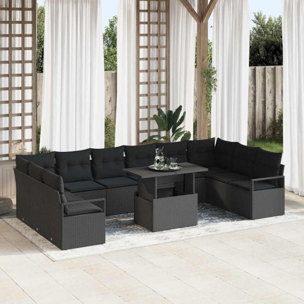 Garden sofa set with pillow 11 pcs Black polyrattan