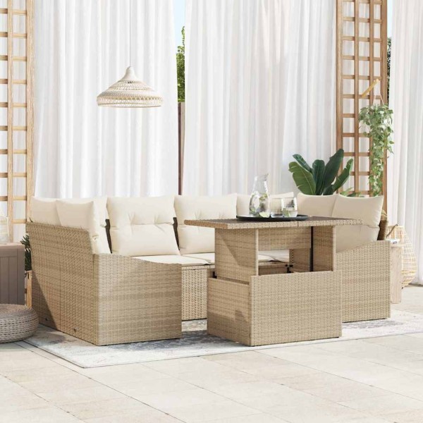 Garden Sofa Set 7 pcs Beige and cream polyrattan