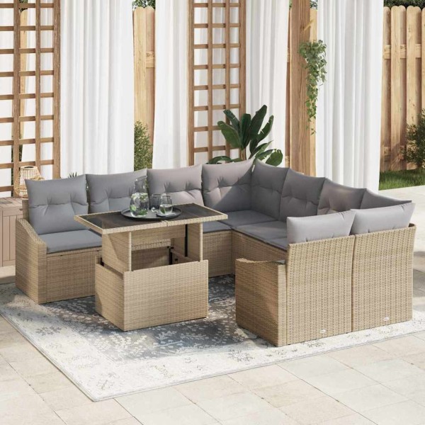 Garden Sofa Set 9 pcs Beige and light gray polyrattan