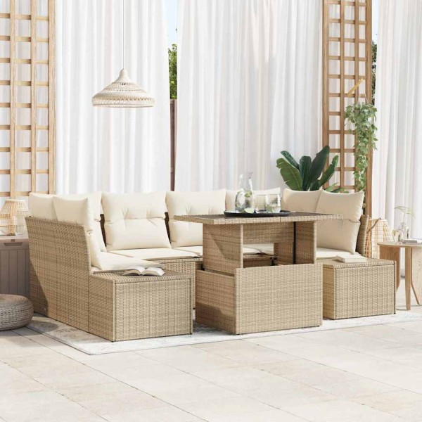 Sofa set with pillow 7 pcs Beige and cream polyrattan