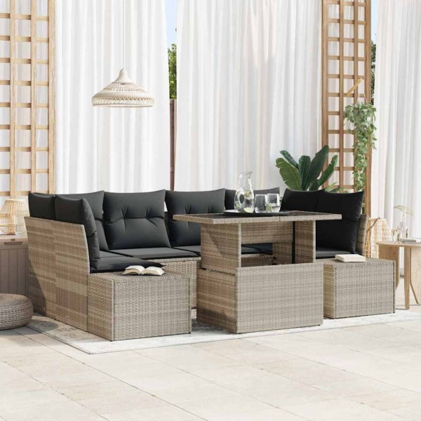 Sofa set with pillow 7 pcs Light gray polyrattan