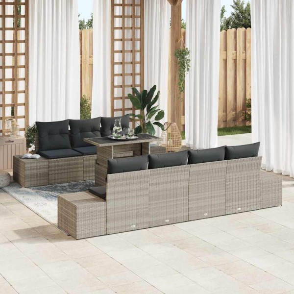 Sofa set with pillow 8 pcs Light gray polyrattan