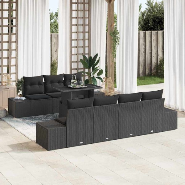 Sofa set with pillow 8 pcs Black polyrattan