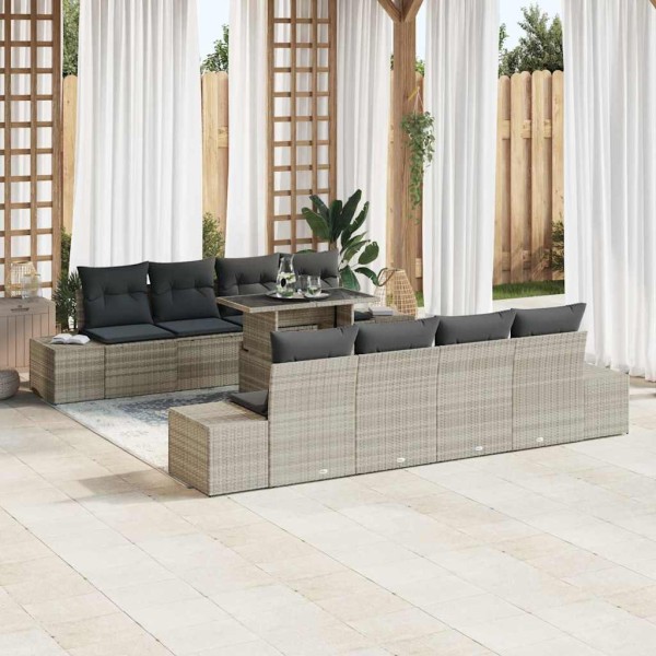 Garden sofa set with pillow 9 pcs Light gray polyrattan