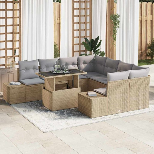 Garden Sofa Set 9 pcs Beige and light gray polyrattan