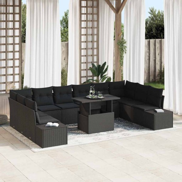 Garden sofa set with cushion and storage 11 pcs Black