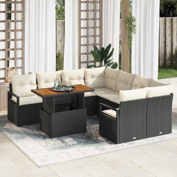 Garden dining set with pillow 9 pcs Black and cream