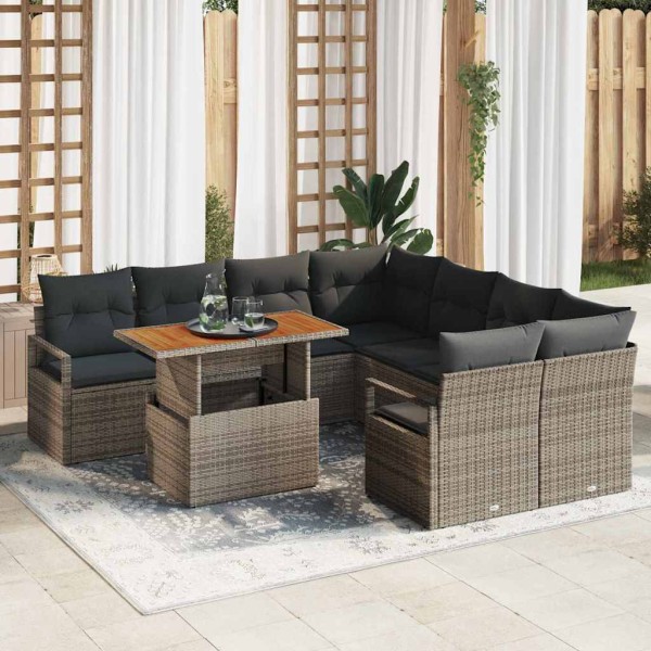 Garden dining set with pillow 9 pcs Gray and brown