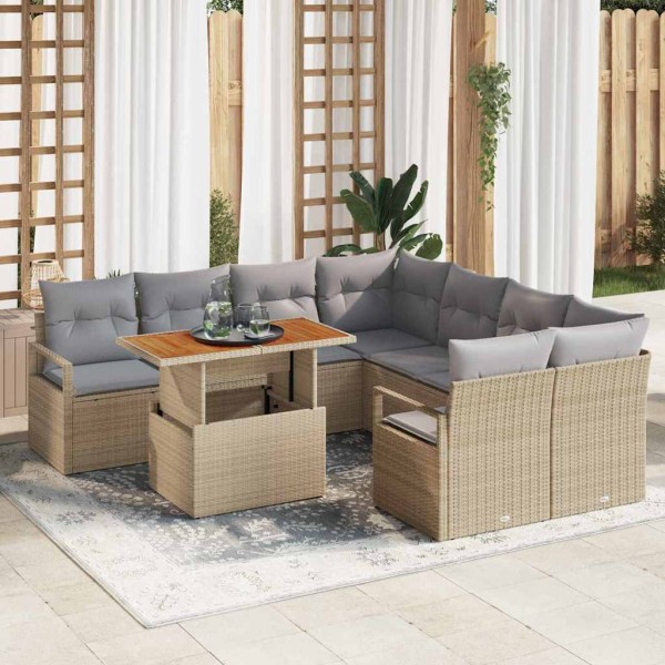 Garden dining set with pillow 9 pcs Beige and gray