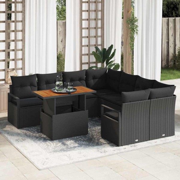 Garden dining set with pillow 9 pcs Black and Brown