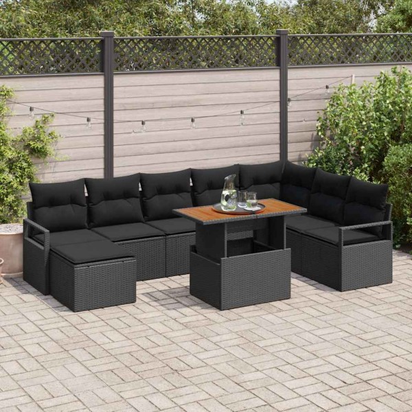 Garden sofa set with pillow 9 pcs Black and Brown