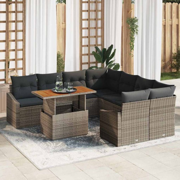 Garden dining set with pillow 9 pcs Gray and brown