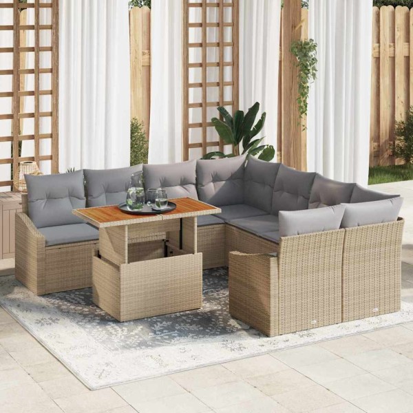 Garden dining set with pillow 9 pcs Beige and gray