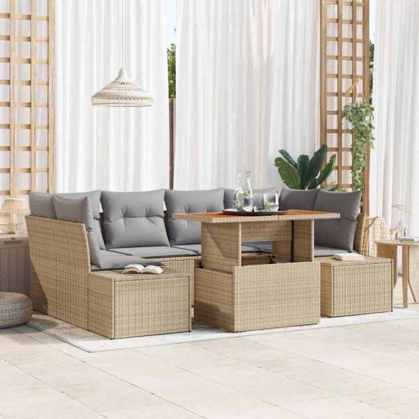 Garden dining set with pillow 7 pcs Beige and gray