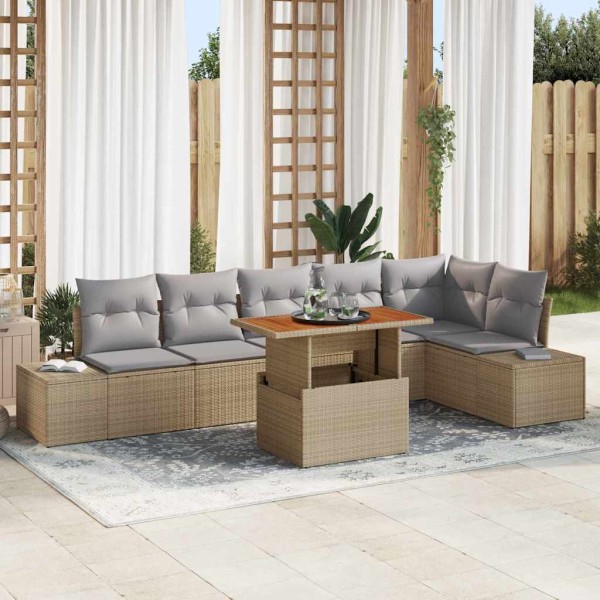 Garden dining set with pillow 7 pcs Beige and gray