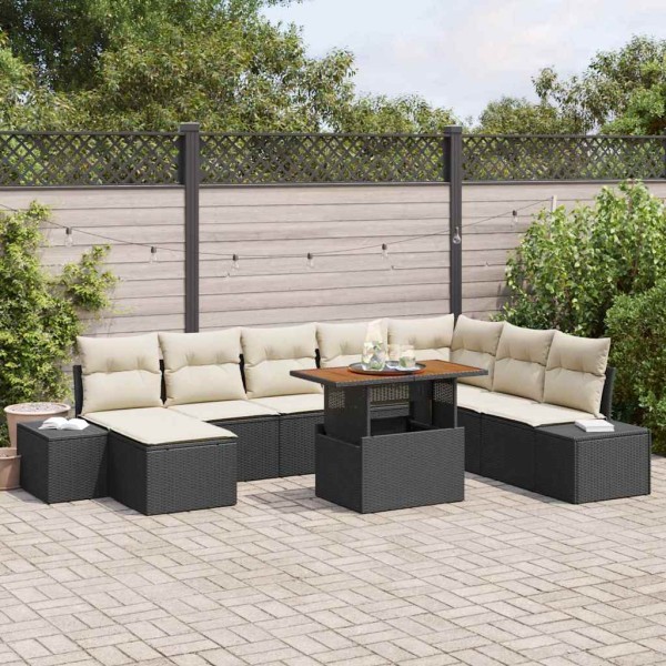 Garden dining set with pillow 9 pcs Black and cream