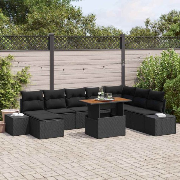 Garden dining set with pillow 9 pcs Black and Brown
