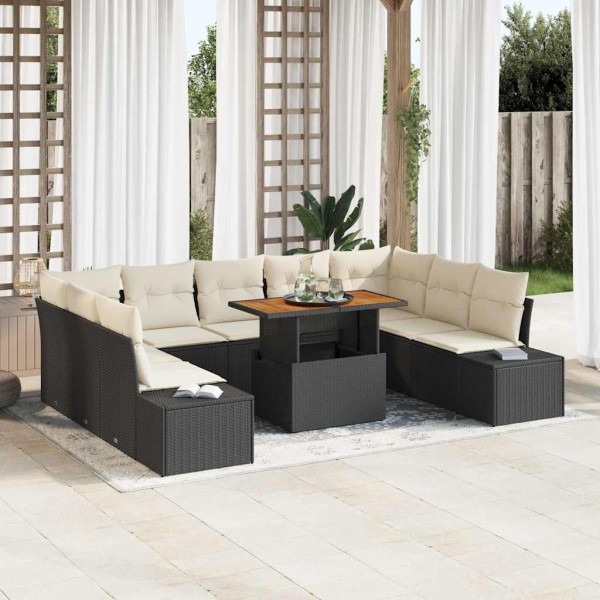Garden dining set with pillow 10 pcs Black and cream
