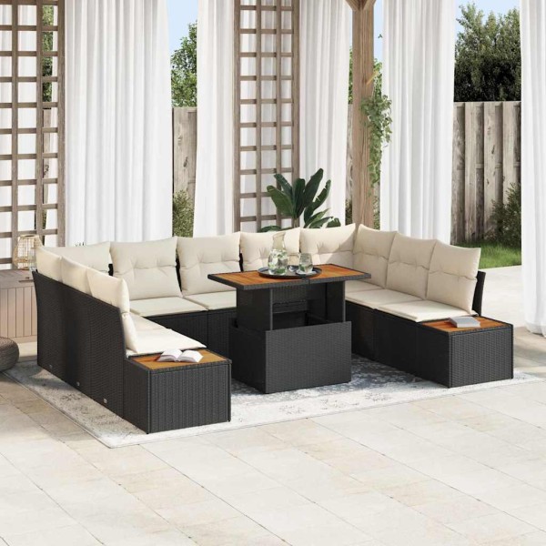 Garden dining set with pillow 10 pcs Black and beige