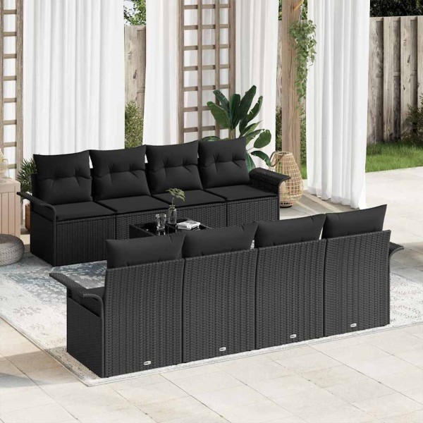 Garden sofa set with pillow 9 pcs Black polyrattan
