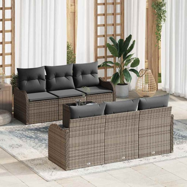 Garden Sofa Set 7 pcs Gray Poly Rattan, Steel and Glass