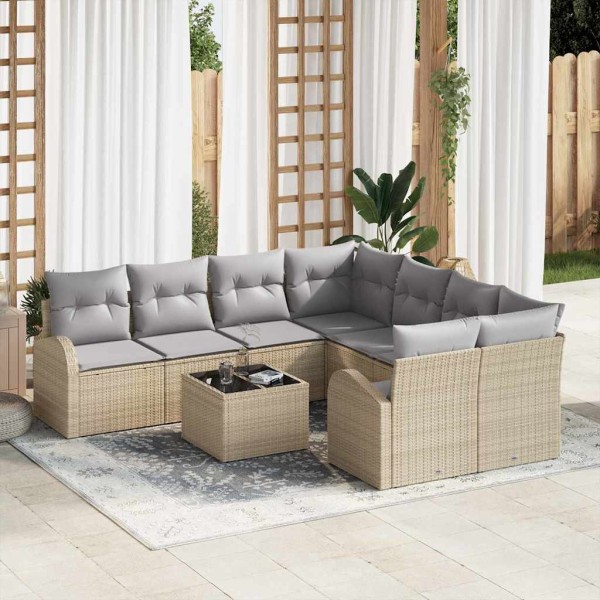 Sofa set with pillow 9 pcs Beige and gray polyrattan