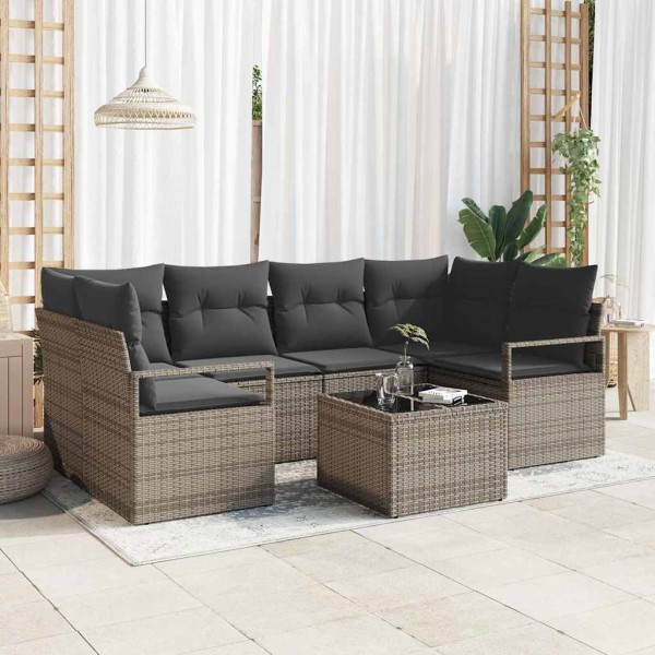 Sodo Sofų Rinkinys 7 pcs Pilka Poli ratanas, plienas ir stiklas
