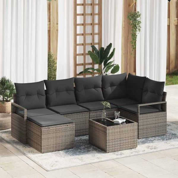Sofa set with pillow 7 pcs Light gray polyrattan