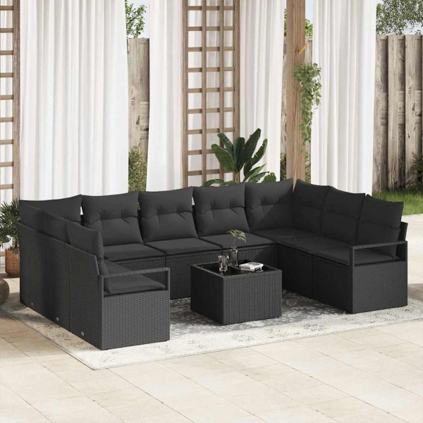 Garden sofa set with pillow 10 pcs Black polyrattan
