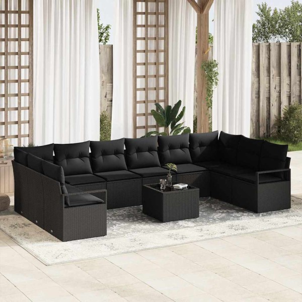 Garden sofa set with pillow 11 pcs Black polyrattan