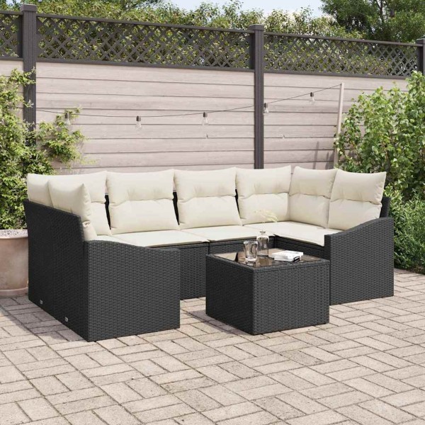 Sofa set with pillow 7 pcs Black and cream polyrattan