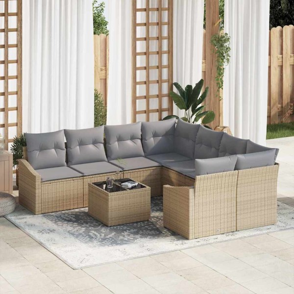 Sofa set with pillow 9 pcs Beige and gray polyrattan