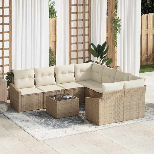 Sofa set with pillow 9 pcs Beige and cream polyrattan