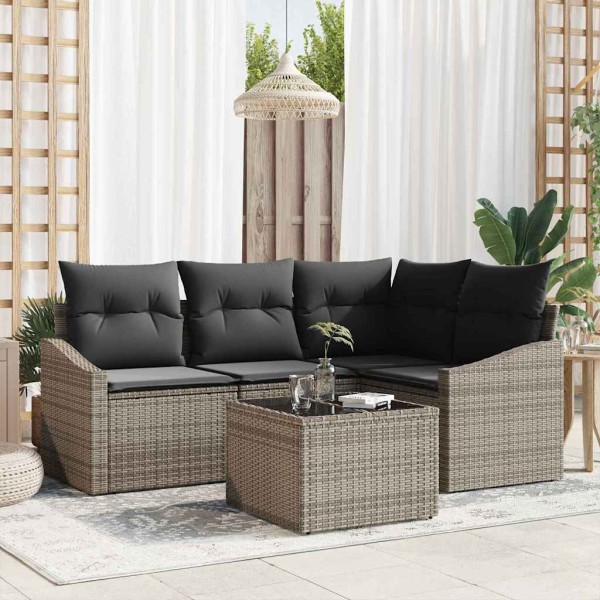 Garden sofa set with pillow 5 pcs Light gray polyrattan