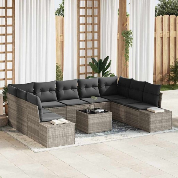 Garden sofa set with pillow 9 pcs Light gray Polyrattan