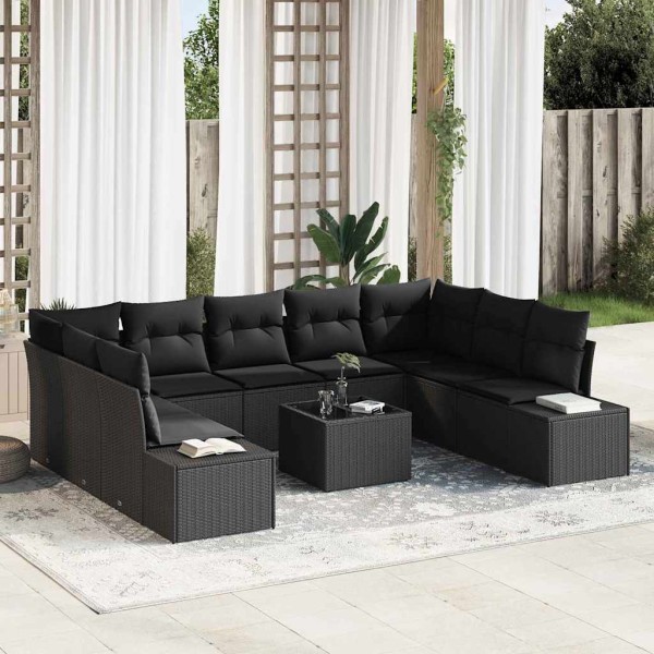 Garden sofa set with pillow 9 pcs Black Polyrattan