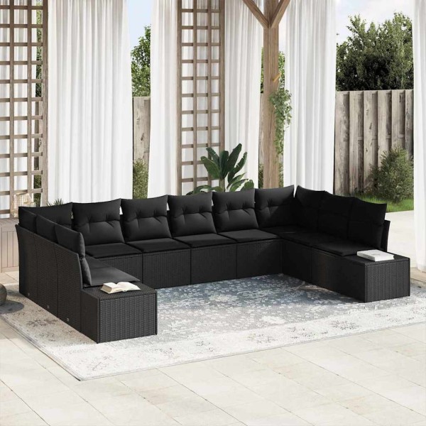 Garden sofa set with pillow 10 pcs Black Polyrattan